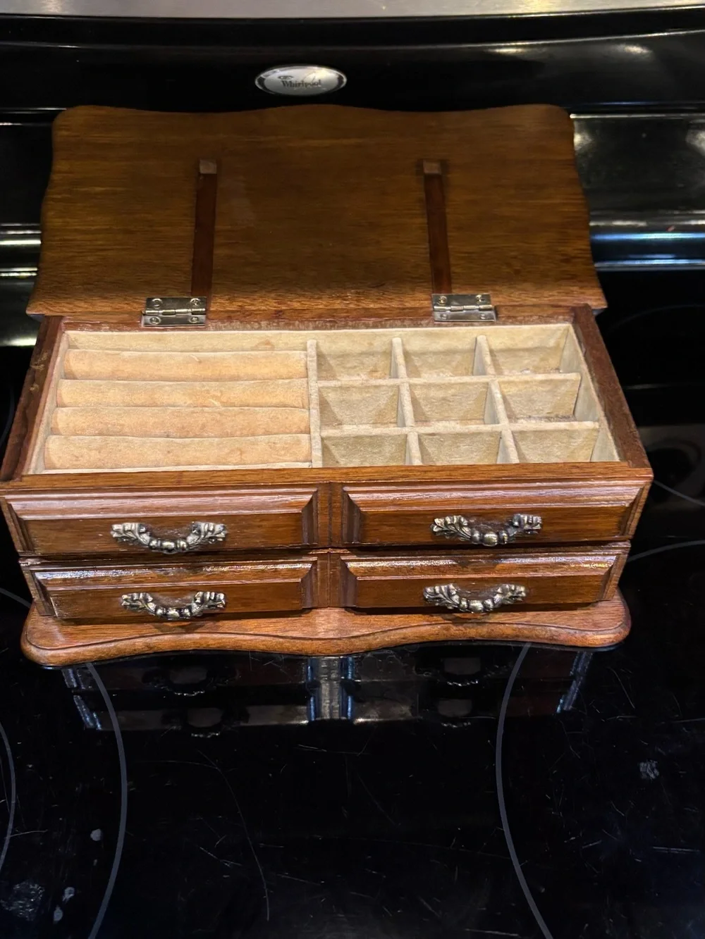 Vintage Wooden Jewelry Box 4 Drawer Hinged Top Felt Lined Jewelry Organizer